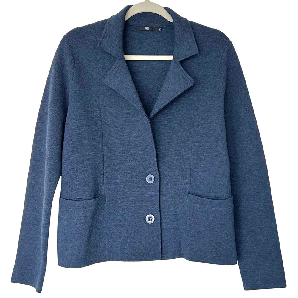 Jarbo 100% Merino Wool Knit Blazer Jacket Navy Notched Lapel Two Button Sz 2 S/M